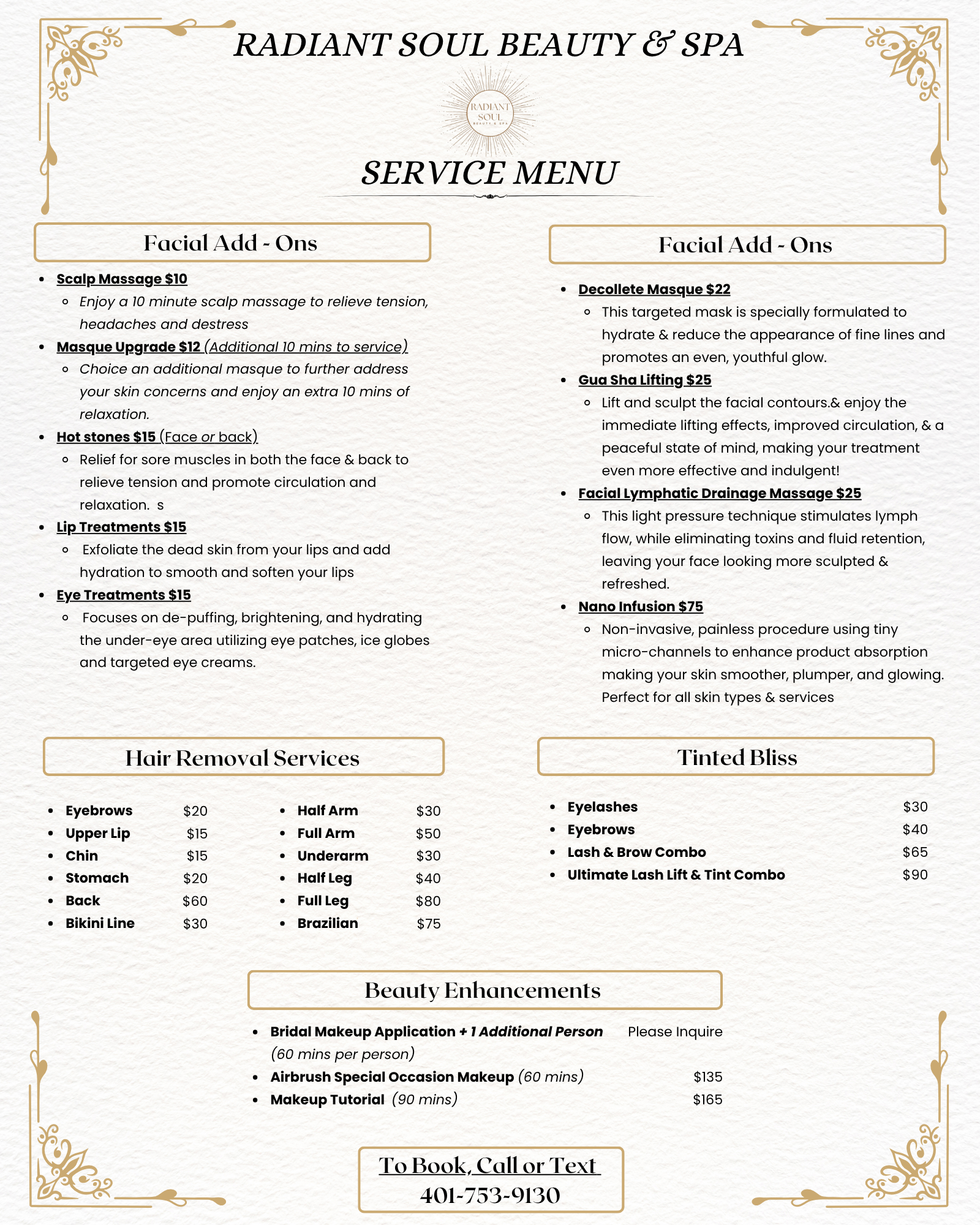 Add-on menu and enhancements Radiant Soul Beauty Spa Lincoln Rhode Island